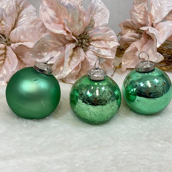 Set of 9 Kugel Style Green Mercury Glass Christmas Ornaments Crackled Matte New - Picture 3 of 7